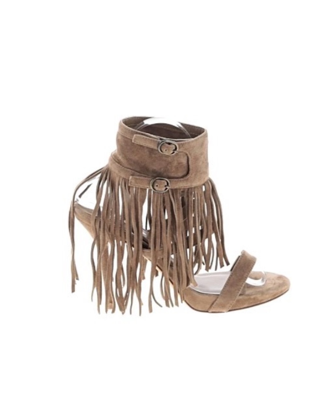 Leon Max Fringe Suede Open-Toe Heels in Taupe Style Evi Size 8 NIB